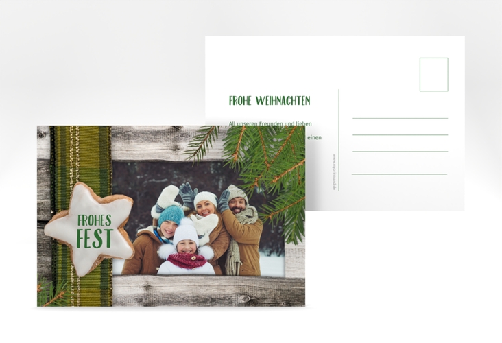 Weihnachtskarte Zimtstern A6 Postkarte gruen hochglanz in rustikaler Holz-Optik mit Foto