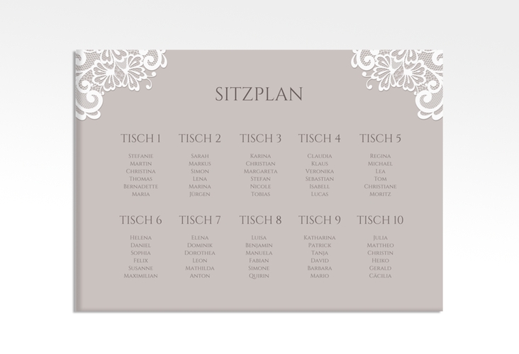 Sitzplan Leinwand Hochzeit Vintage 70 x 50 cm Leinwand grau mit floraler Spitze