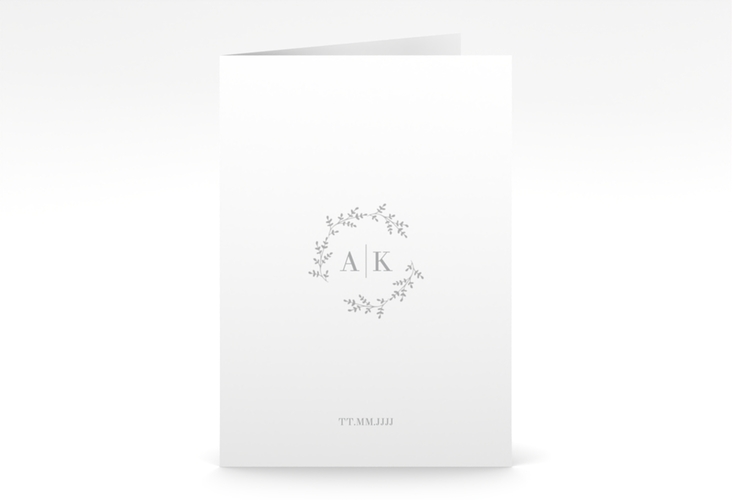 Einladungskarte Hochzeit Filigrana A6 Klappkarte hoch grau hochglanz in reduziertem Design mit Initialen und zartem Blätterkranz