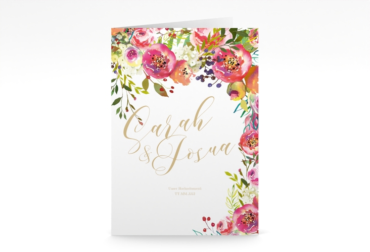 Menükarte Hochzeit Flowerbomb A5 Klappkarte hoch weiss