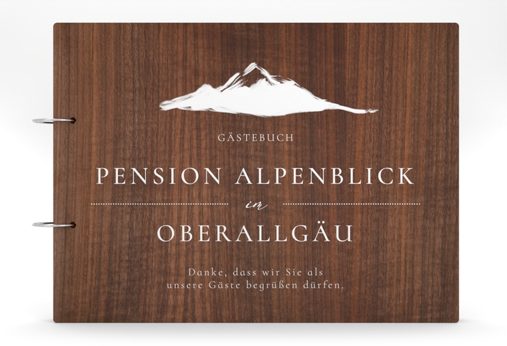 Gästebuch Holzcover Nussbaum Alpenblick Holz-Cover, bedruckt weiss mit Berggipfel-Motiv