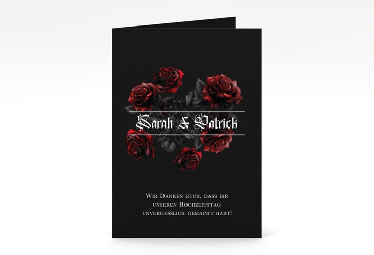 Danksagungskarte Hochzeit Gothic Rose A6 Klappkarte hoch schwarz hochglanz mit Gräsern und Trockenblumen für Boho-Hochzeit