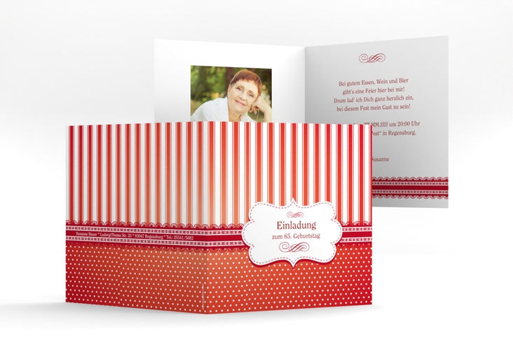 Einladung Geburtstag Heinrich/Henriette quadr. Klappkarte rot mit frechen Polka Dots