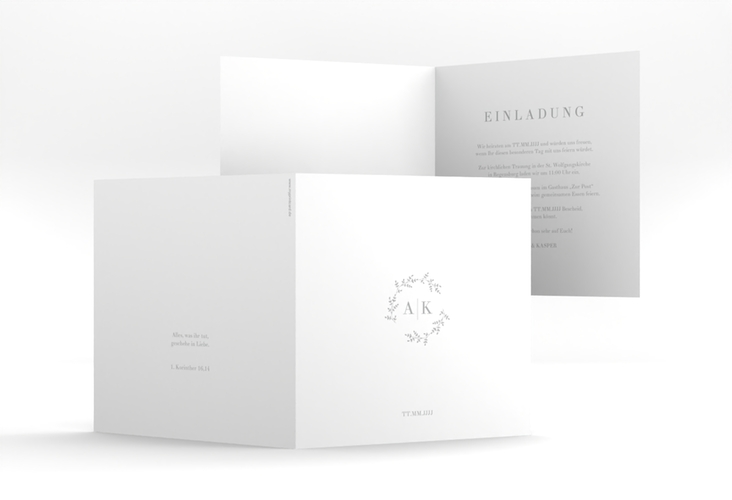 Hochzeitseinladung Filigrana quadr. Klappkarte grau in reduziertem Design mit Initialen und zartem Blätterkranz