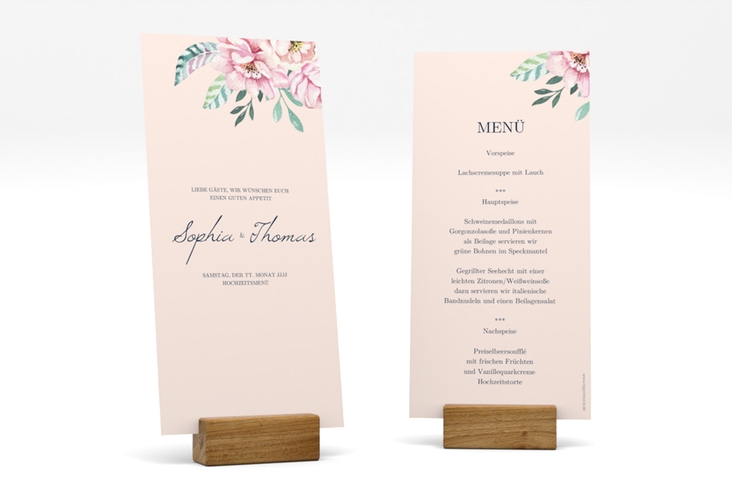 Menükarte Hochzeit Blooming lange Karte hoch rosa