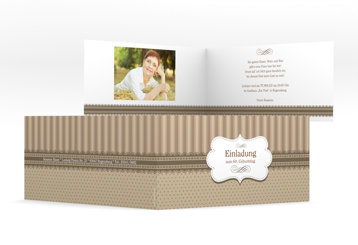 Einladung 60. Geburtstag Heinrich/Henriette lange Klappkarte quer braun mit frechen Polka Dots