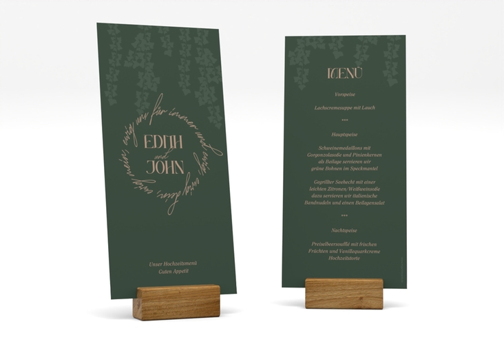 Menükarte Hochzeit Efeugrün lange Karte hoch im Fantasy-Elfen-Design mit Efeu