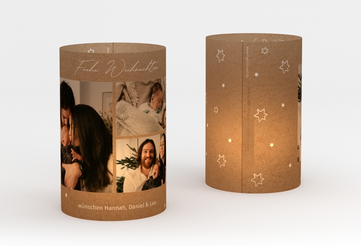 Windlicht Weihnachten Sternenschnee Windlicht Kraftpapier mit drei Fotos und Zweig-Dekor