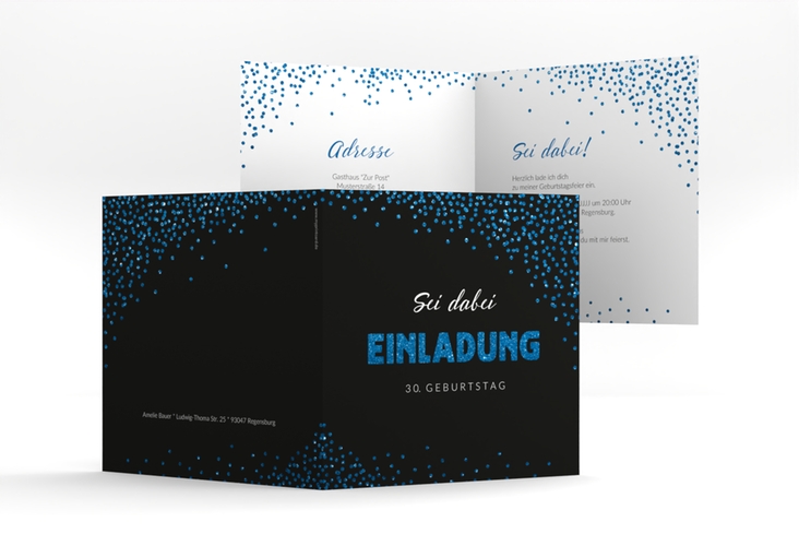 Einladung Geburtstag Glitzer quadr. Klappkarte blau hochglanz