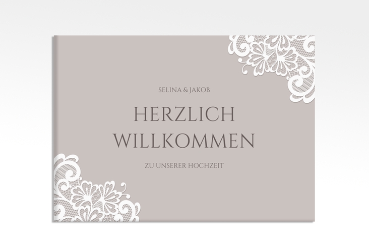 Willkommensschild Leinwand Vintage 70 x 50 cm Leinwand grau mit floraler Spitze