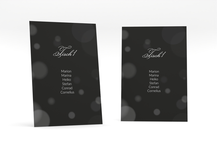 Tischaufsteller Hochzeit Bokeh Tischaufsteller schwarz mit eleganter Schrift
