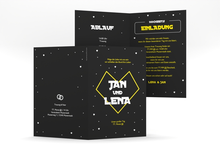 Einladungskarte Hochzeit Starlove A6 Klappkarte hoch schwarz hochglanz mit Sci-Fi-Universum