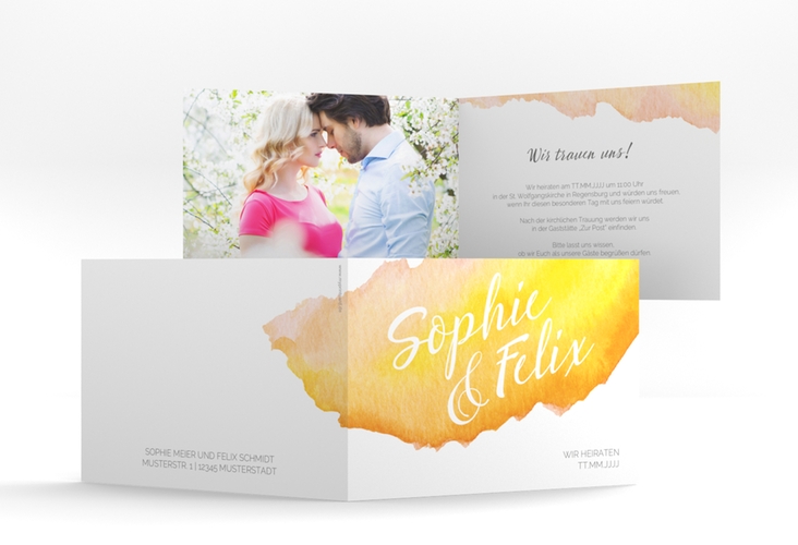 Einladungskarte Hochzeit Aquarella A6 Klappkarte quer gelb