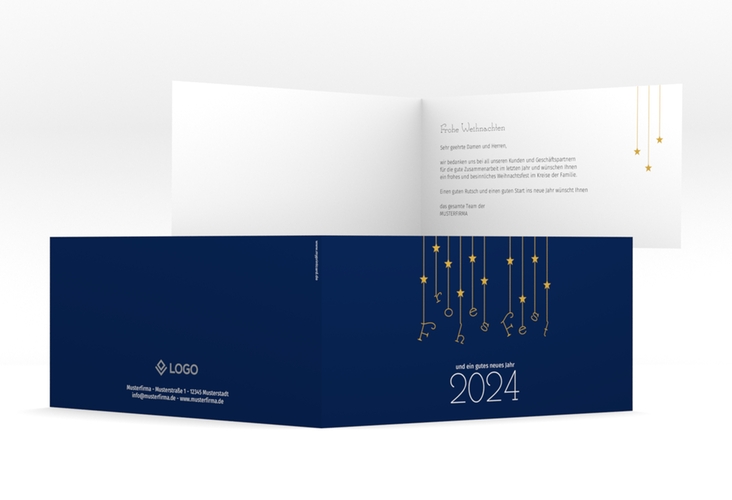 Geschäftliche Weihnachtskarte Windspiel lange Klappkarte quer blau hochglanz schlicht mit Sternchen-Girlande und Jahreszahl