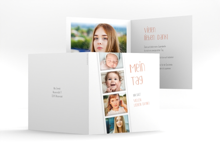 Danksagungskarte Jugendweihe Photostrip quadr. Klappkarte apricot