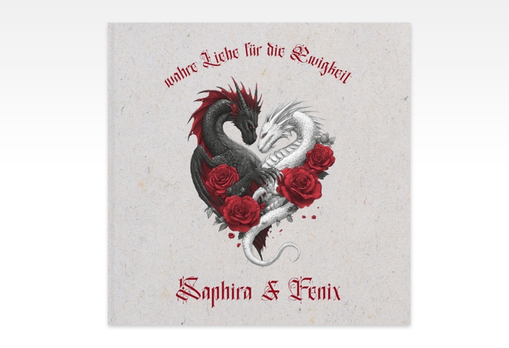 Gästebuch Creation Drachenliebe 20 x 20 cm, Hardcover grau mit schwarzem und weißem Drachen zu einem Herz verschlungen