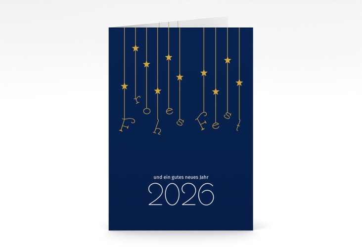 Geschäftliche Weihnachtskarte Windspiel A6 Klappkarte hoch blau hochglanz schlicht mit Sternchen-Girlande und Jahreszahl