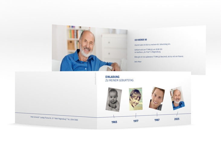 Einladung 60. Geburtstag Timeline lange Klappkarte quer weiss