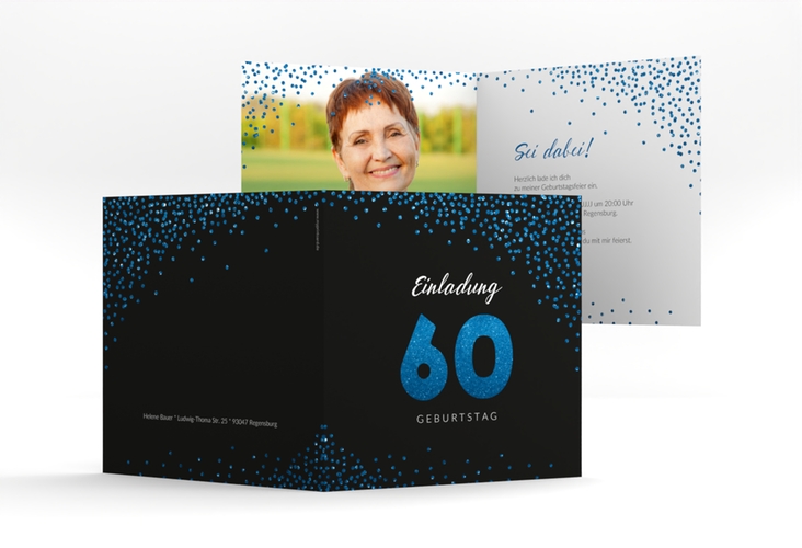 Einladung 60. Geburtstag Glitzer quadr. Klappkarte blau hochglanz