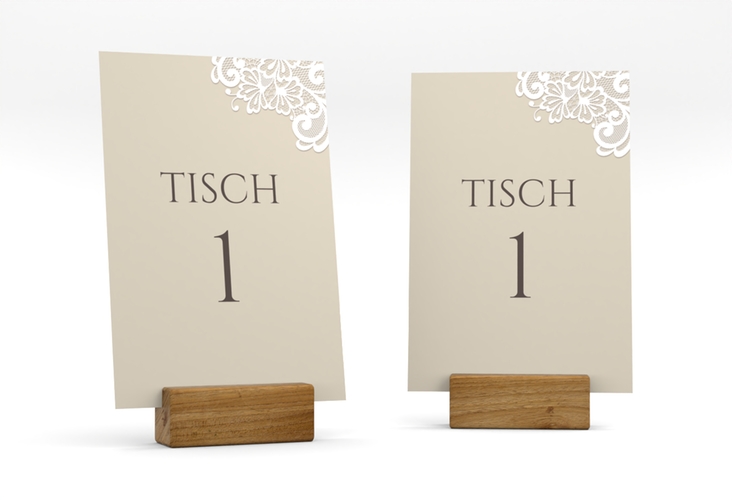 Tischnummer Hochzeit Vintage Tischaufsteller beige mit floraler Spitze