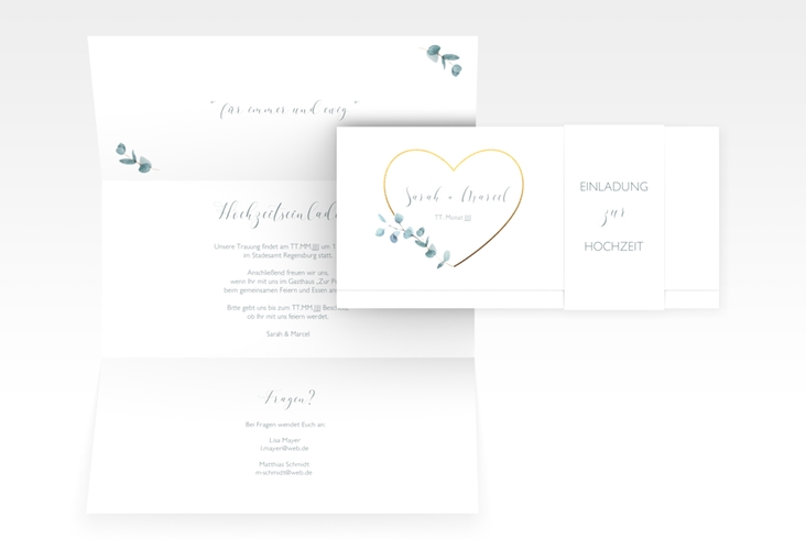 Hochzeitseinladung Greenheart Wickelfalzkarte + Banderole mit elegantem Herz und Eukalyptus-Zweig