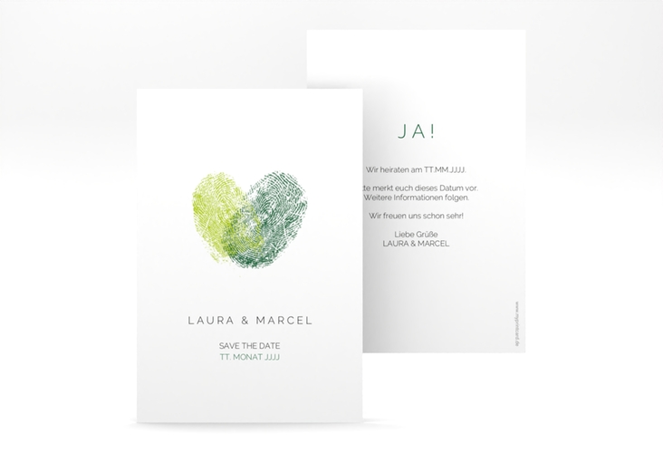 Save the Date-Karte Fingerprint A6 Karte hoch gruen schlicht mit Fingerabdruck-Motiv