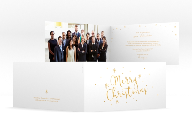 Geschäftliche Weihnachtskarte Winterfreude lange Klappkarte quer gold hochglanz