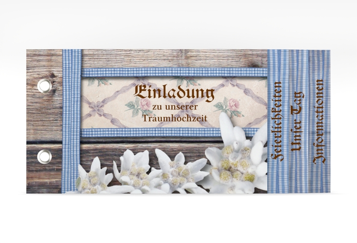 Einladungskarte Hochzeit Bayern Booklet blau mit Edelweiß in rustikaler Holz-Optik
