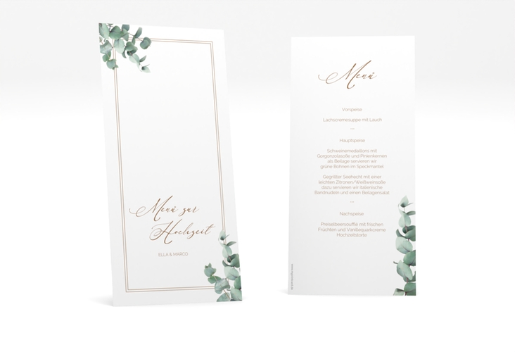 Menükarte Hochzeit Eucalypt lange Karte hoch mit Eukalyptus und edlem Rahmen