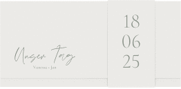 Klick: Details zu Hochzeitseinladung "Day" anzeigen Hochzeitseinladung Day Wickelfalzkarte + Banderole weiss mit Datum im minimalistischen Design
