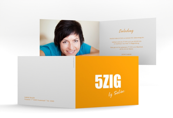 Einladung 50. Geburtstag Zig A6 Klappkarte quer orange