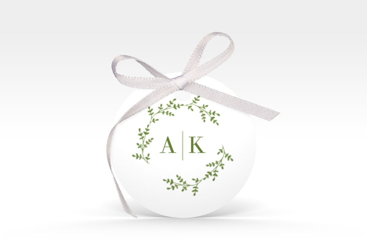 Geschenkanhänger Hochzeit Filigrana Geschenkanhänger, rund gruen in reduziertem Design mit Initialen und zartem Blätterkranz