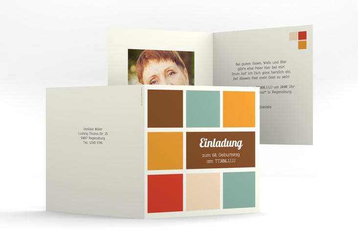 Einladung 60. Geburtstag Daniel/Daniela quadr. Klappkarte in Retro-Farben