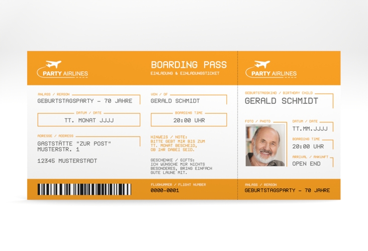 Einladung 70. Geburtstag Boardingpass lange Karte quer orange