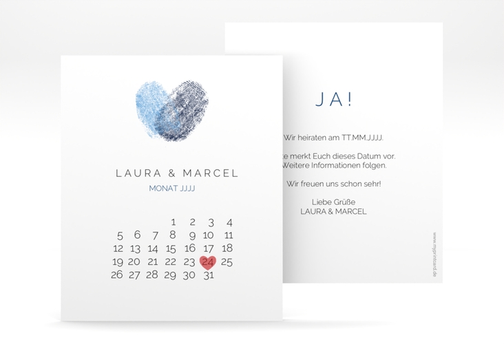 Save the Date-Kalenderblatt Fingerprint Kalenderblatt-Karte blau schlicht mit Fingerabdruck-Motiv