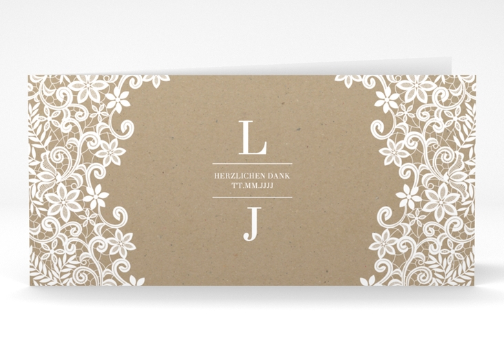 Dankeskarte Hochzeit Bella lange Klappkarte quer hochglanz mit weißer Brautspitze um Initialen