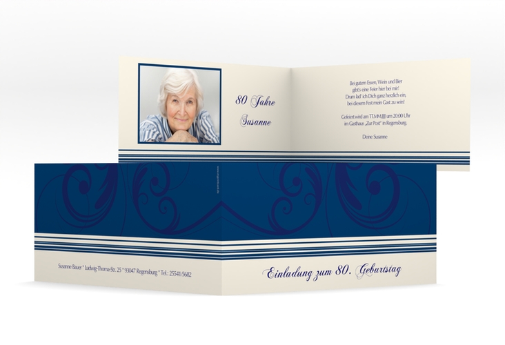 Einladung 80. Geburtstag Katharina lange Klappkarte quer blau