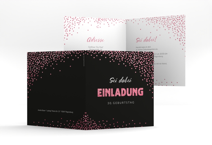 Einladung Geburtstag Glitzer quadr. Klappkarte pink