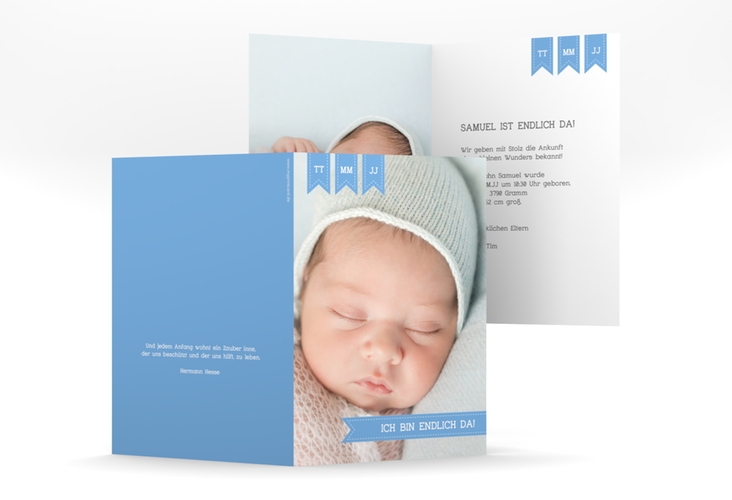 Geburtskarte Kinderlachen A6 Klappkarte hoch blau hochglanz