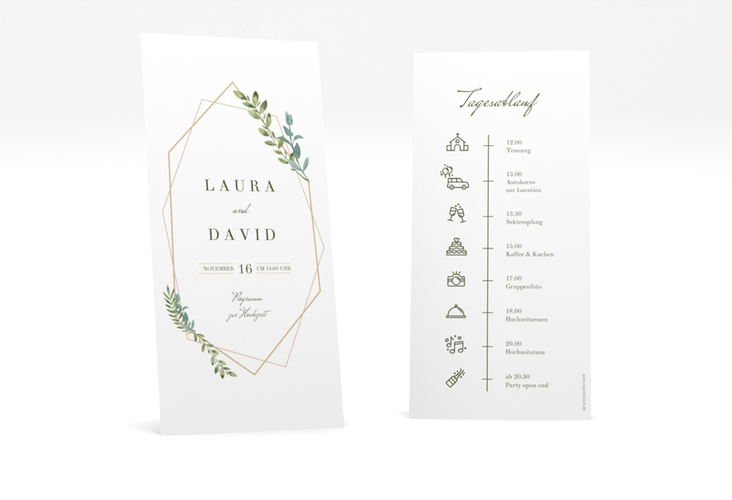 Tagesablauf Hochzeit Herbarium lange Karte hoch gold mit geometrischem Rahmen und Blätter-Dekor