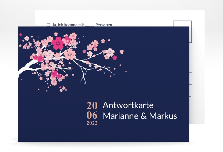 Antwortkarte Hochzeit Sakura A6 Postkarte blau hochglanz