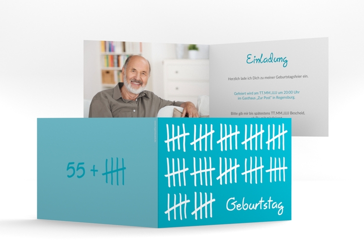Einladung 60. Geburtstag Strichliste A6 Klappkarte quer blau hochglanz