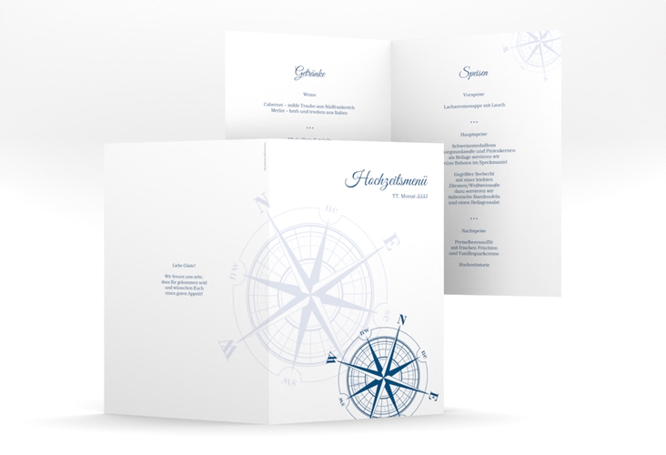 Menükarte Hochzeit Windrose A5 Klappkarte hoch blau