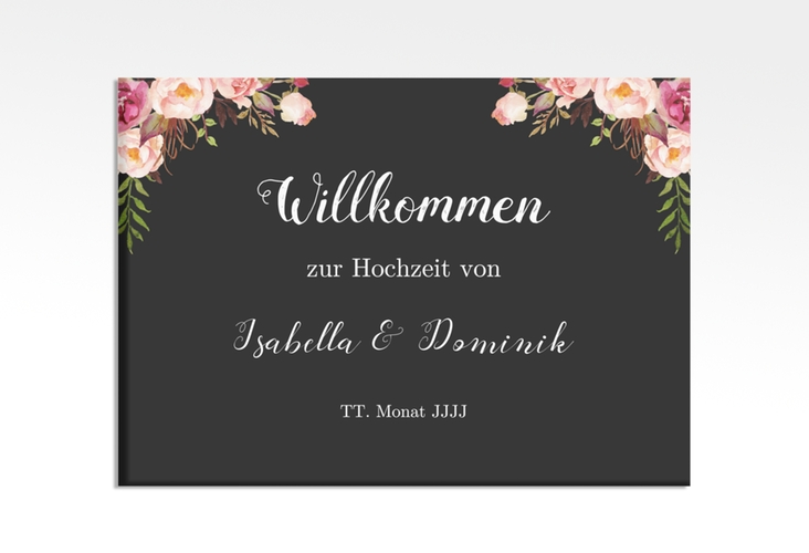 Willkommensschild Leinwand Flowers 70 x 50 cm Leinwand schwarz mit bunten Aquarell-Blumen