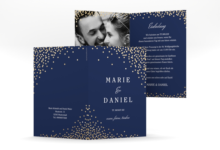 Einladungskarte Hochzeit Glitter A6 Klappkarte hoch blau