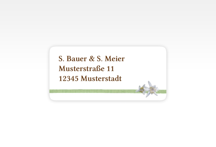 Absenderetikett Hochzeit Bayern 45,7 x 21,2 mm gruen mit Edelweiß in rustikaler Holz-Optik