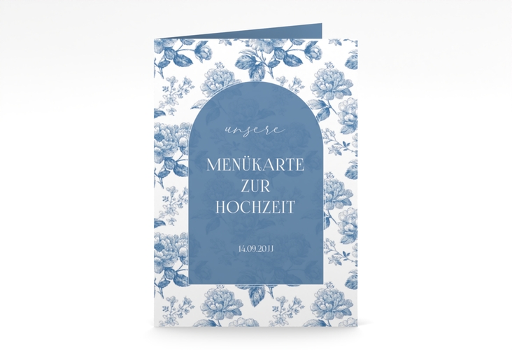Menükarte Hochzeit Blue Floral A5 Klappkarte hoch blau mit blauem Blumenmuster auf weißem Grund