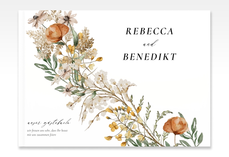Gästebuch A4 quer Wildfang A4 quer, Hardcover weiss mit getrockneten Wiesenblumen