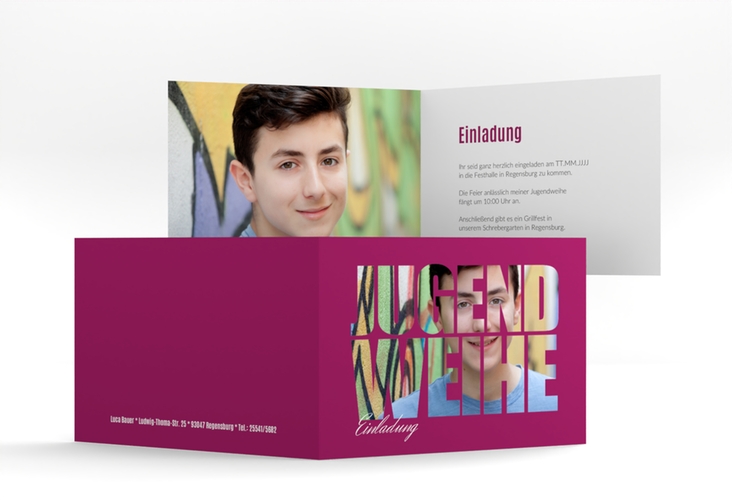 Einladung Jugendweihe Teenager A6 Klappkarte quer pink hochglanz