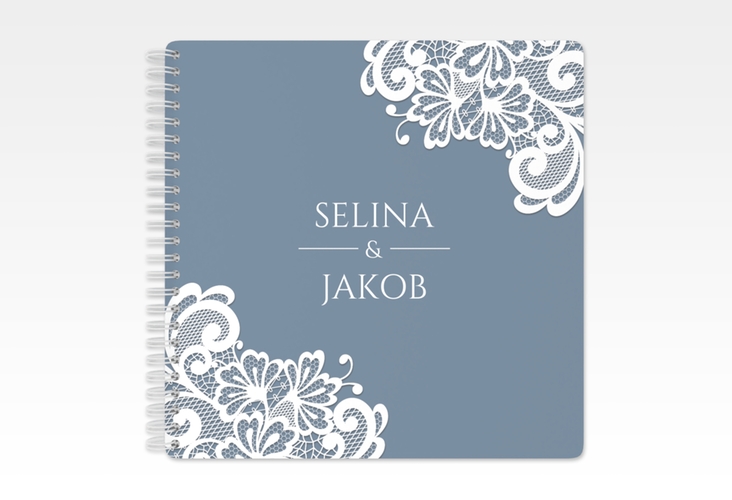 Gästebuch Hochzeit Vintage Ringbindung blau mit floraler Spitze